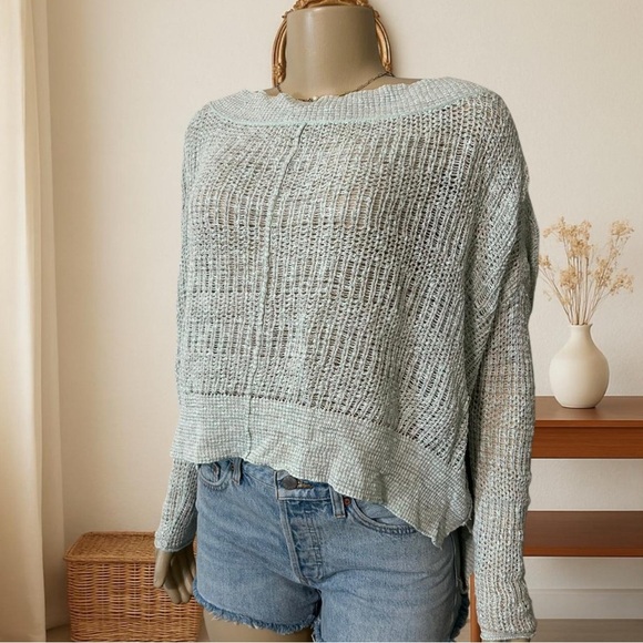 Free People Sweaters - Free People Linen Green Crew Neck Sweater with Textured Knit